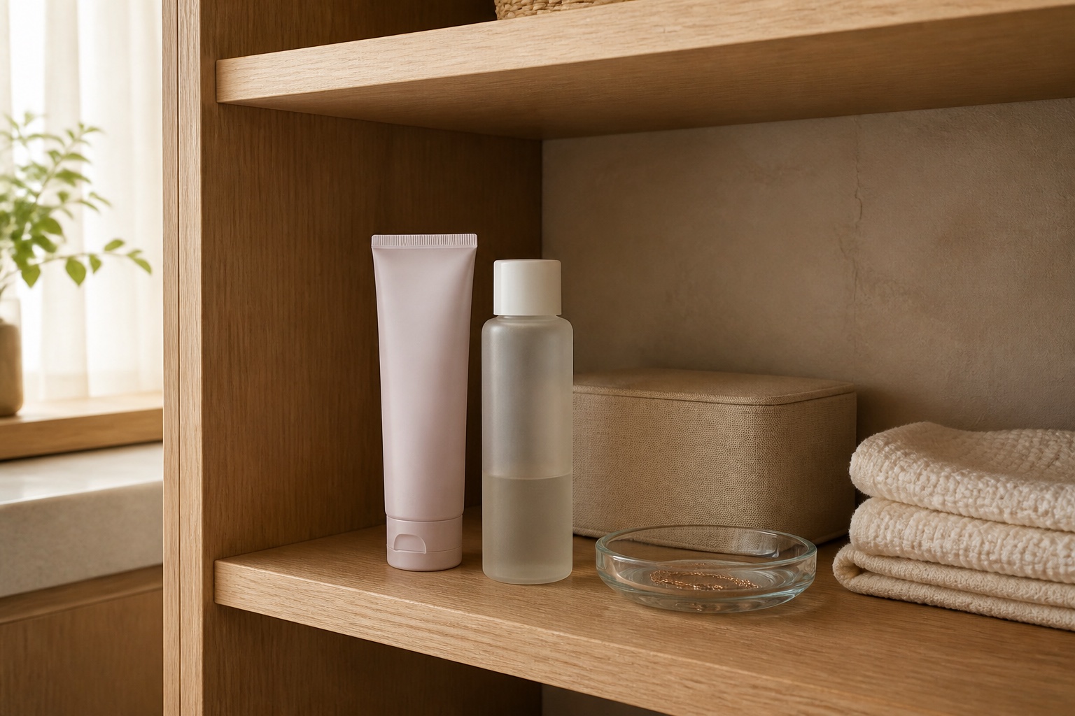 Unbranded personal lubricant bottles stored upright on a warm oak shelf