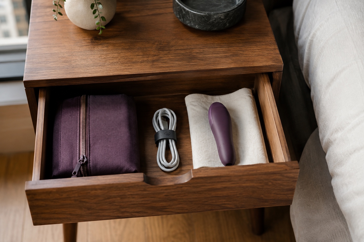 Discreet personal wellness product storage in a small apartment drawer